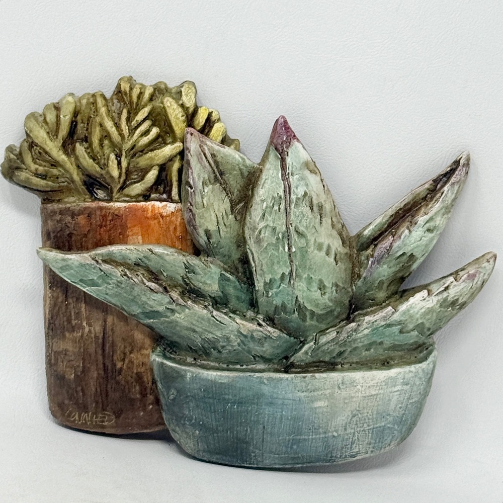 Southwest Boho Succulent Cactus Wall Plaque Art 3D Connie Baker Signed 8.75x7
